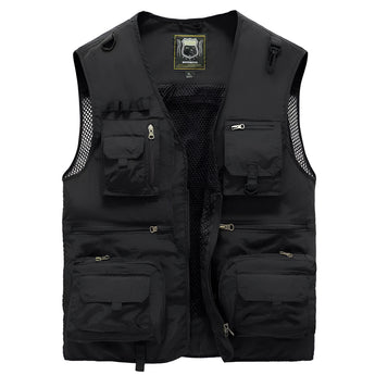 Multi-pocket tactical mesh vest in electric blue, featuring a lightweight and breathable design suitable for outdoor activities, with a focus on fashion elements like a collar and sleeve details.