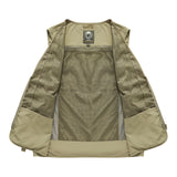 Lightweight, breathable tactical vest in beige featuring multiple pockets, sleeveless design, and a mesh construction ideal for outdoor activities.