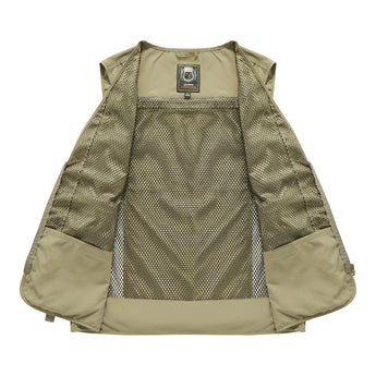 Lightweight, breathable tactical vest in beige featuring multiple pockets, sleeveless design, and a mesh construction ideal for outdoor activities.