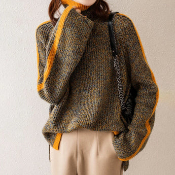 A cozy multicolor chunky knit wool blend turtleneck sweater for women, featuring a thick collar and long sleeves, ideal for winter wear.