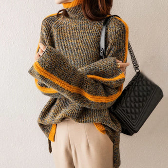 Multicolor chunky knit wool blend turtleneck sweater in shades of brown for women, size XXL, featuring a cozy design with long sleeves and a warm, textured collar.