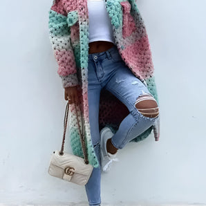 Multicolor handmade crochet coat in a boho chic style, featuring a pastel wool fabric with a focus on green hues, shown in a 3XL size.