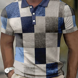 Multicolor patchwork polo shirt for men featuring a vibrant mix of tartan patterns in gray and blue, styled for summer fashion.