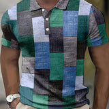Men's multicolor patchwork polo shirt in vibrant summer fashion featuring shades of blue and green, styled with short sleeves and a classic collar, displayed on a mannequin.