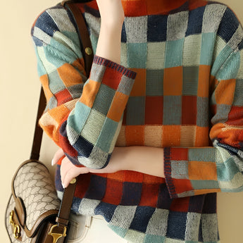 Multicolor plaid women's turtleneck sweater in XL, featuring cozy autumn knit design with orange accents, long sleeves, and a high neck collar.