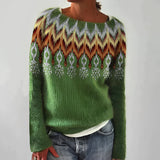 Multicolor striped wool sweater in moss green displayed against a neutral background, showcasing its handmade bohemian knitwear design with a focus on the shoulder, neck, and sleeve detailing. The sweater has a relaxed, oversized fit suitable for 3XL, featuring a subtle collar and a comfortable waist length.