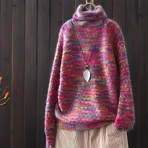 Red multicolor wool turtleneck sweater in 3XL size with long sleeves, featuring shades of purple, pink, and violet.