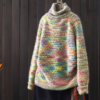
A vibrant multicolor wool turtleneck sweater displayed on a clothes hanger, featuring a cozy autumn fashion design with a pattern of colors including yellow and magenta. The sweater is crafted from woolen textile, highlighting its soft texture and long sleeves, available in a 3XL size.