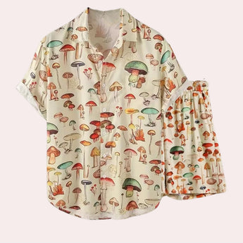 Apricot-colored botanical nature-inspired mushroom print pajama set in size XL, featuring a long-sleeve top with a collar and matching pants.