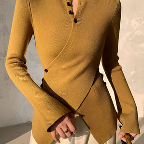 Mustard asymmetric button V-neck ribbed sweater in a chic knitwear style, showcased in a braun color and size 2XL, featuring long sleeves and a form-fitting design.