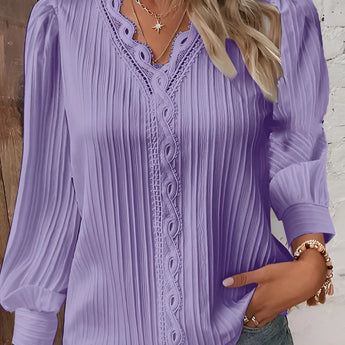 Purple 4XL women's long sleeve blouse with lace detail and ruffled design, featuring a stylish neckline and shoulder area.