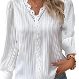 Mustard Lace Detail Ruffled Blouse for women featuring long sleeves, intricate lace detailing, and ruffled accents, styled in a fashionable design.
