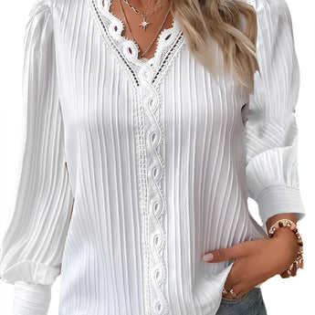 Mustard Lace Detail Ruffled Blouse for women featuring long sleeves, intricate lace detailing, and ruffled accents, styled in a fashionable design.