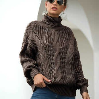 Mustard yellow cable knit turtleneck sweater featuring a chunky design, perfect for autumn fashion. The sweater includes detailed stitching on the shoulders and long sleeves, shown in a coffee color and size XL.