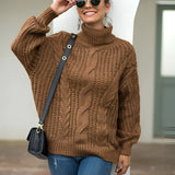 Mustard yellow cable knit turtleneck sweater in chunky autumn fashion, shown in a brown XL variant, featuring a cozy and textured design.