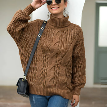 Mustard yellow cable knit turtleneck sweater in chunky autumn fashion, shown in a brown XL variant, featuring a cozy and textured design.