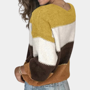Mustard yellow color-block sweater for women's autumn fashion featuring a cozy knit design with long sleeves.