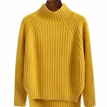 Mustard yellow pleated turtleneck sweater in size 2XL, featuring long sleeves and a cozy knit design suitable for winter wear.