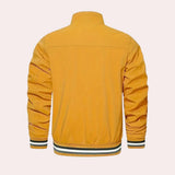 Mustard yellow satin bomber jacket for men featuring a lightweight design, retro fall style, with a collar and long sleeves.
