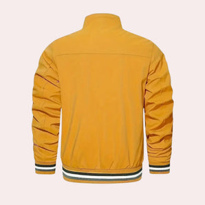 Mustard yellow satin bomber jacket for men featuring a lightweight design, retro fall style, with a collar and long sleeves.