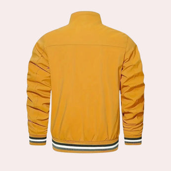 Mustard yellow satin bomber jacket for men featuring a lightweight design, retro fall style, with a collar and long sleeves.
