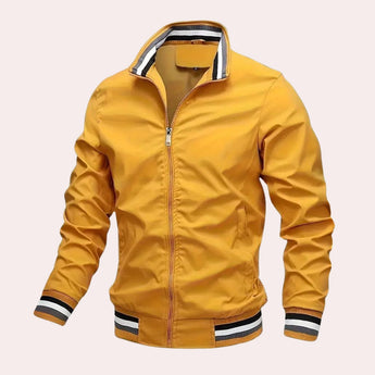 Men's lightweight retro fall satin bomber jacket in mustard yellow, featuring an orange shade and available in size 3XL. The jacket has long sleeves, ribbed cuffs, and a comfortable fit, ideal for casual and stylish autumn wear.