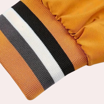 Men's lightweight satin bomber jacket in mustard yellow with a retro design, featuring long sleeves and a classic collar, suitable for fall fashion.