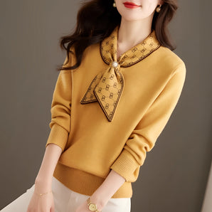 Mustard yellow women's long sleeve sweater pullover in size 3XL, featuring a chic design with an included scarf.