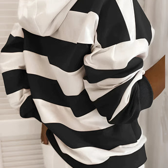 Blue and white nautical striped women's hoodie with rope drawstrings, featuring a collar, long sleeves, and waist-length fit.