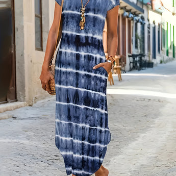 Navy blue maxi dress with an anchor print design, featuring short sleeves and a scoop neckline, designed for women's nautical summer fashion in size 3XL.