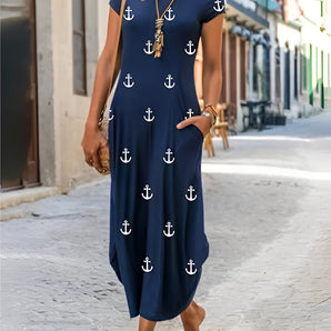 Navy anchor print maxi dress for women in a nautical summer fashion style, featuring a sleeveless design, fitted waist, and flowing skirt in a size 3XL.