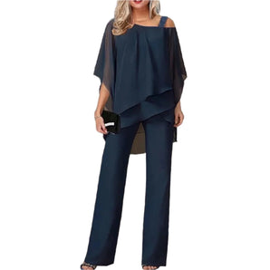 Navy blue cold shoulder chiffon jumpsuit for women, featuring elegant design with exposed shoulders, long sleeves, and cinched waist.