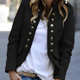Navy blue double-breasted military style women's blazer with brass buttons, shown with white dress shirt and jeans.