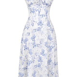 Navy blue floral A-line midi cocktail dress with spaghetti straps, featuring a stylish pattern suitable for formal occasions.