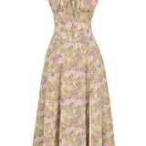 Navy blue floral A-line midi cocktail dress with spaghetti straps, featuring a fitted waist and flowing skirt, designed for special occasions.