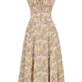 Navy blue floral A-line midi cocktail dress with spaghetti straps, featuring a fitted waist and flowing skirt, designed for special occasions.