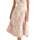 Navy blue floral A-line midi cocktail dress with spaghetti straps, featuring a rose flower design, shown in size 2XL.