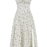 Navy blue floral A-line midi cocktail dress with spaghetti straps, featuring a delicate floral pattern, suitable for formal occasions.