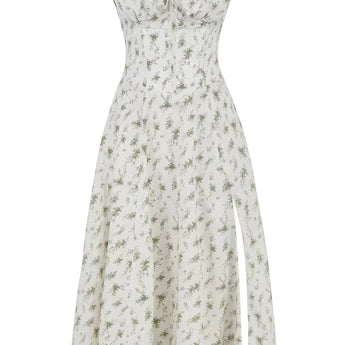Navy blue floral A-line midi cocktail dress with spaghetti straps, featuring a delicate floral pattern, suitable for formal occasions.