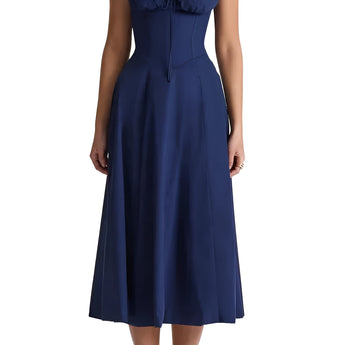 Navy blue floral A-line midi cocktail dress with spaghetti straps, featuring a fitted bodice and flared skirt in a dark blue hue, available in size 2XL.