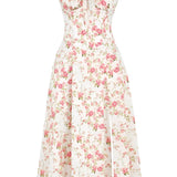 Navy blue floral A-line midi cocktail dress with spaghetti straps, showcasing a delicate floral pattern and designed for formal occasions.