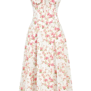 Navy blue floral A-line midi cocktail dress with spaghetti straps, showcasing a delicate floral pattern and designed for formal occasions.