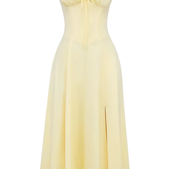 Navy blue floral A-line midi cocktail dress with spaghetti straps, featuring a fitted waist and flowy design, suitable for formal occasions or bridal parties.