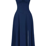 Navy blue floral A-line midi cocktail dress with spaghetti straps, featuring a sleeveless design and a fitted waist.