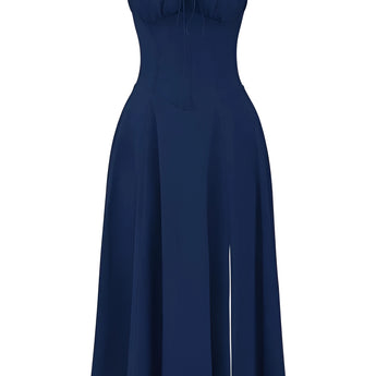 Navy blue floral A-line midi cocktail dress with spaghetti straps, featuring a sleeveless design and a fitted waist.