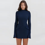 Navy blue high neck long sleeve mini dress with pockets in a sheath style, shown in a marine blue color and 3XL size, highlighting the dress's fitted waist and elegant design.