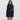 Navy blue high neck long sleeve mini dress with pockets in a sheath style, shown in a marine blue color and 3XL size, highlighting the dress's fitted waist and elegant design.