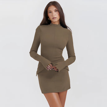 Navy blue high neck mini dress with long sleeves and pockets, fitted at the waist, suitable for plus size women in 3XL, featuring a sheath silhouette.