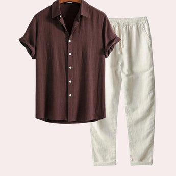Navy blue men's button-down shirt paired with coffee brown linen pants, featuring a collar and long sleeves, suitable for a summer outfit set in size 2XL.