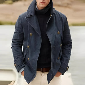 Navy blue men's double-breasted peacoat in size XL, featuring a stylish and cool design with a classic collar and long sleeves, perfect for winter wear.